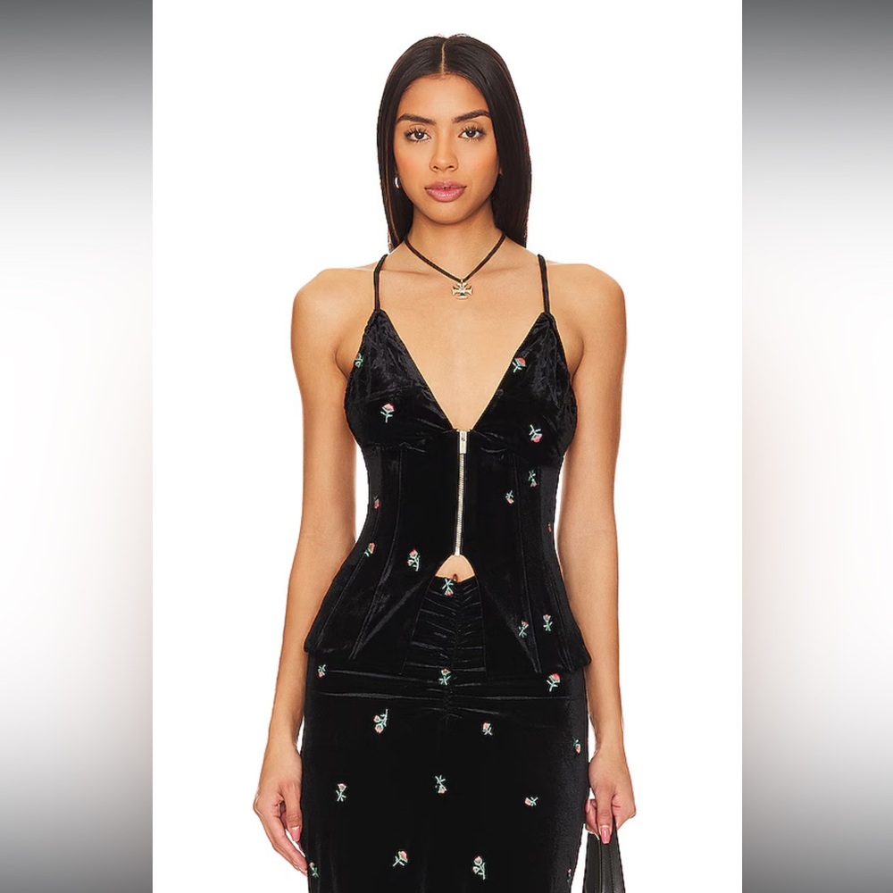 WEWOREWHAT Embroidered Velvet Peplum Corset